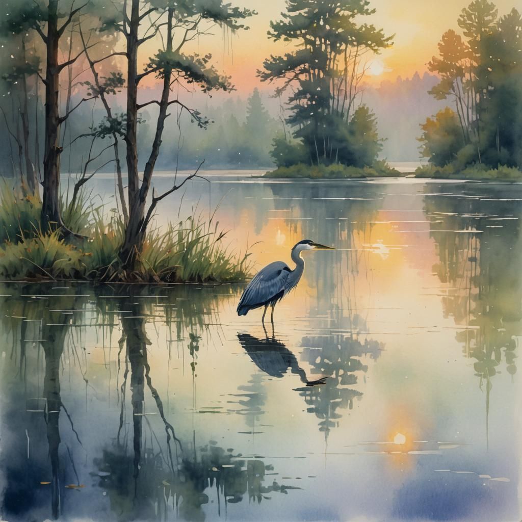 Heron in Watercolor Landscape at Sunset