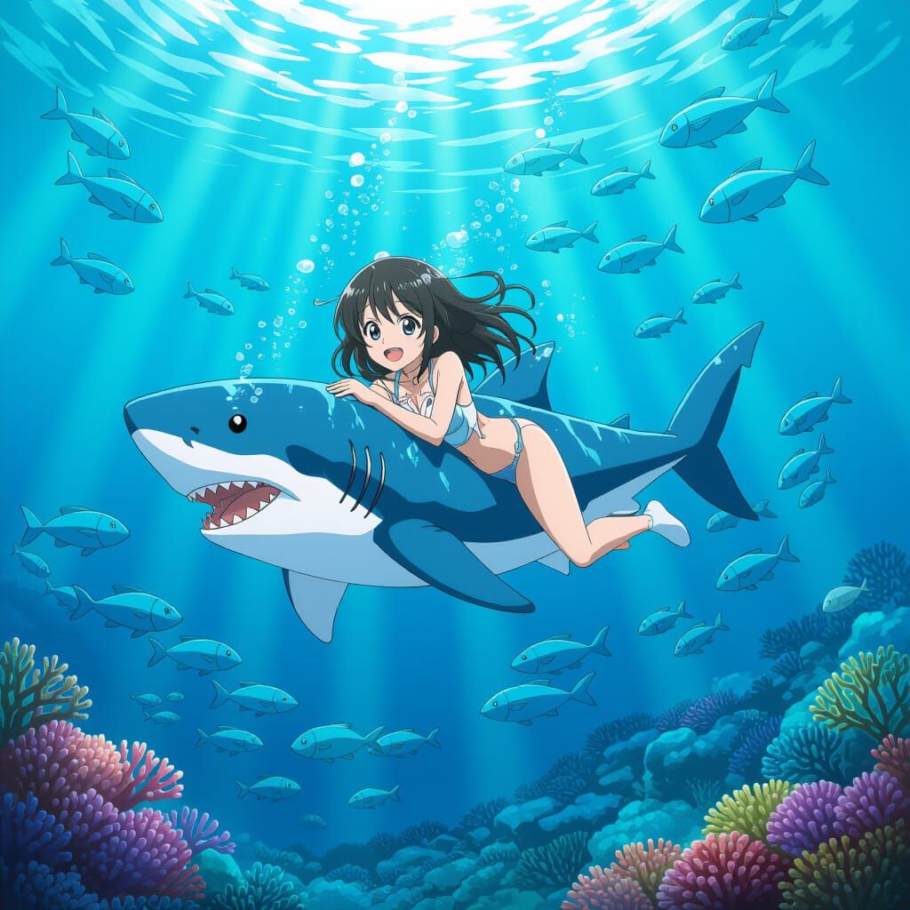 Anime Girl in Shark Costume Underwater in Anime Style