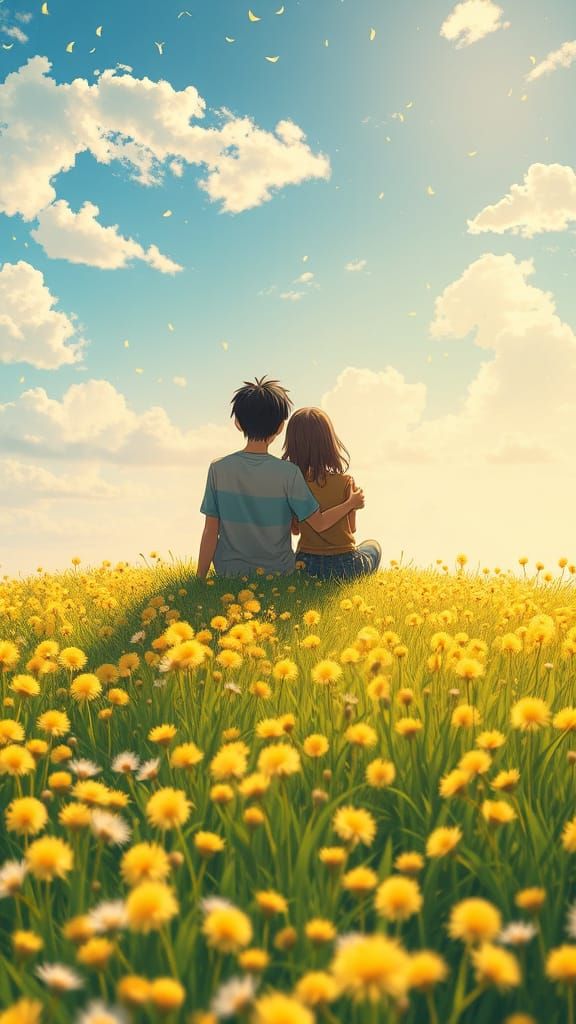 Couple Surrounded by Golden Dandelions in Breathtaking Anime...