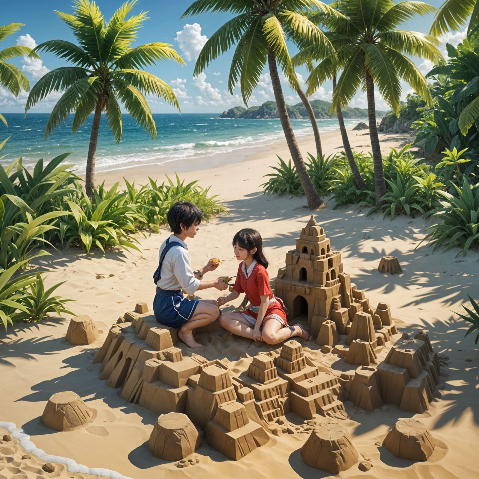 Cute Asian Couple on Tropical Beach, 3D Anime Art