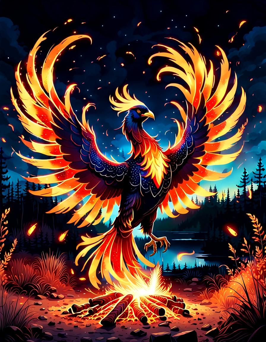 Fiery Phoenix Rising from Campfire at Night