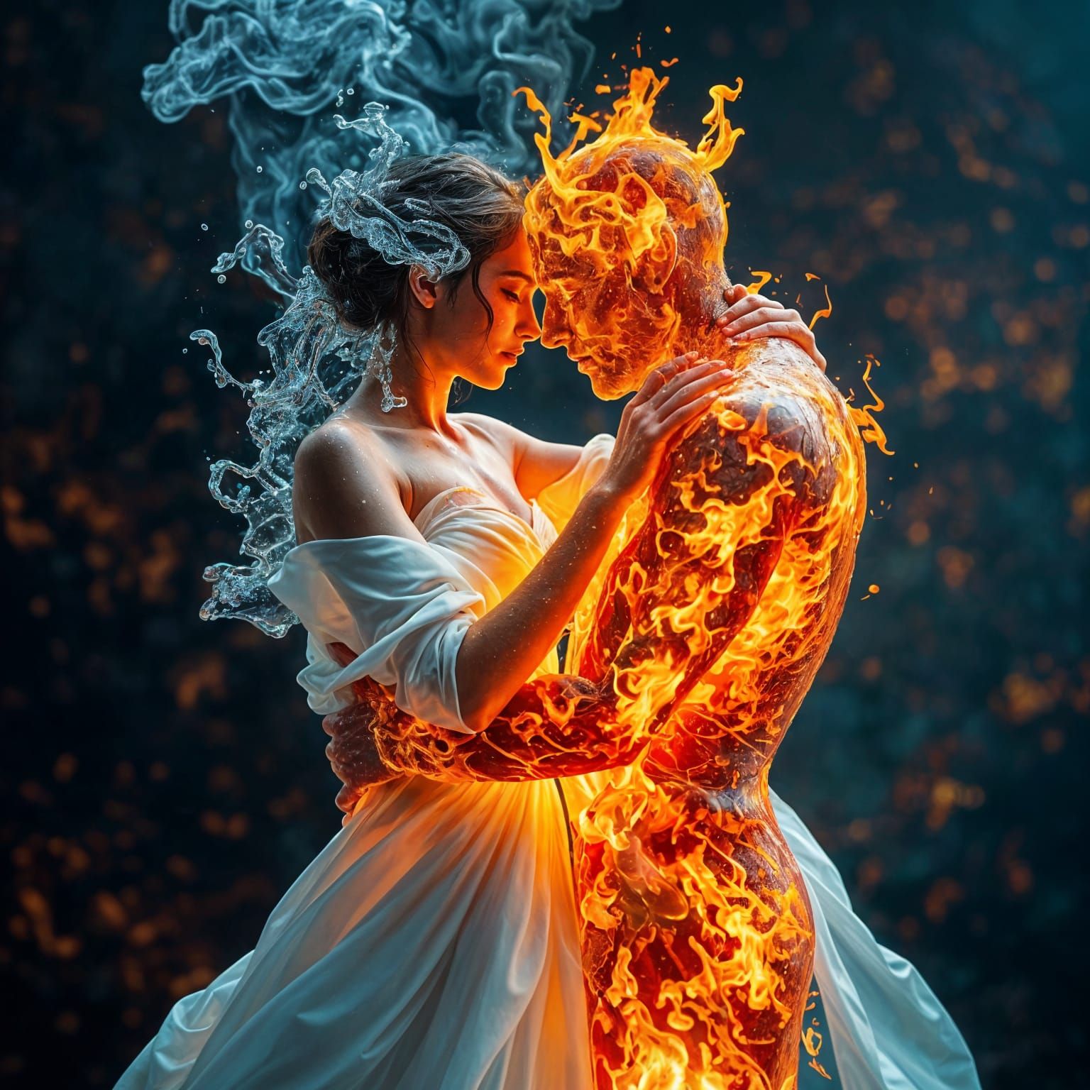 Water Woman and Fire Man Embrace in Splash Art