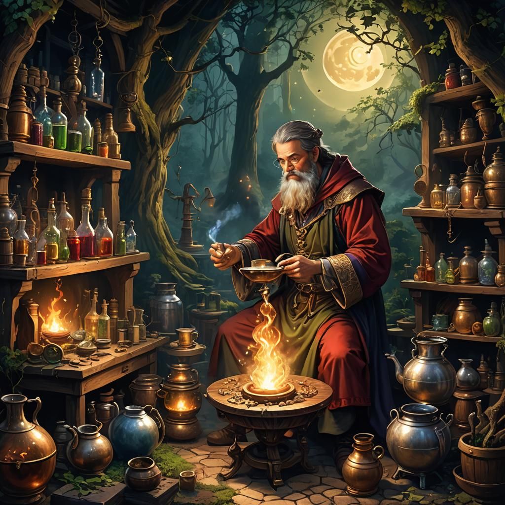 Medieval Alchemist Summons Spirits in Forest Glade