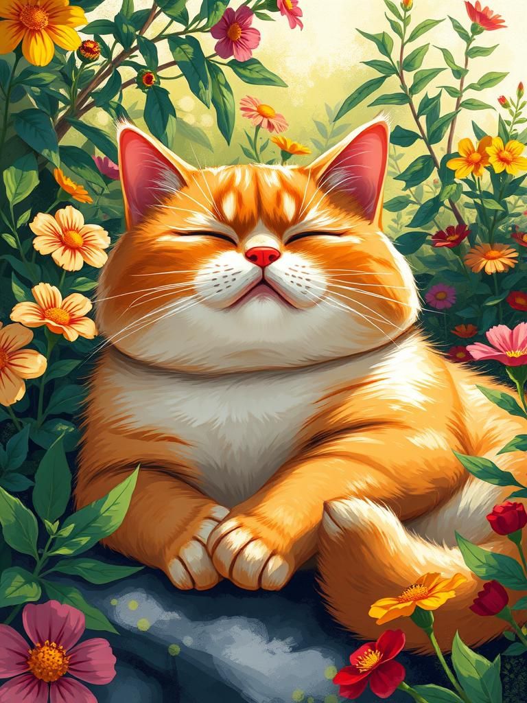 Chubby Anime Cat in Impressionist Garden