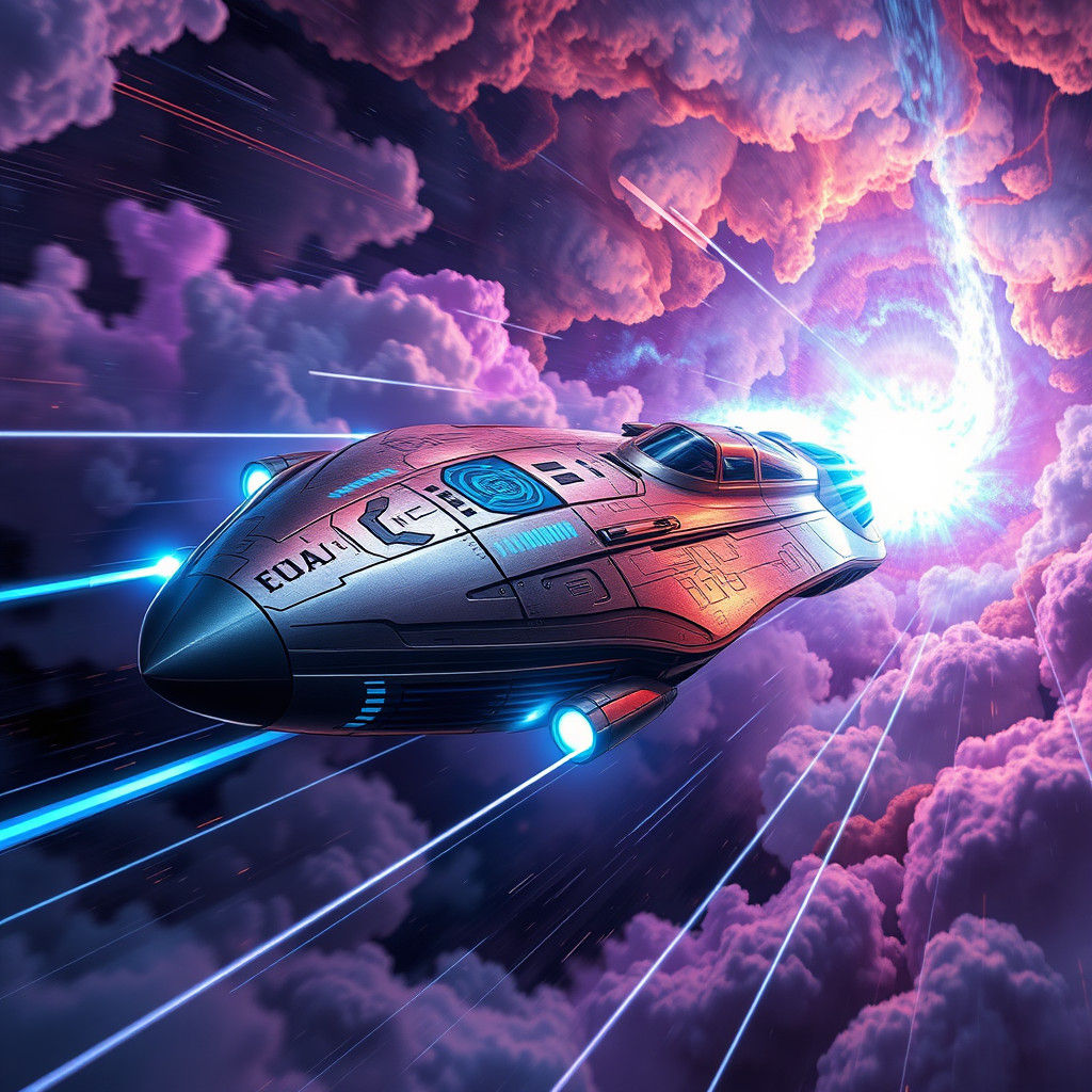 Spacecraft Accelerating Through Iridescent Nebula in Digital...