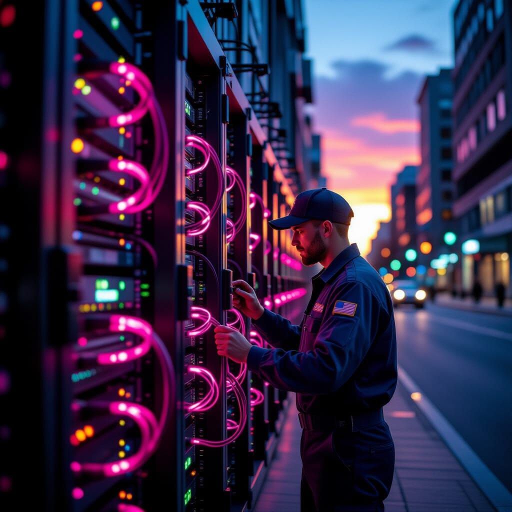 Technician Inspects Magenta Fiber Optics in Cyberpunk City M...