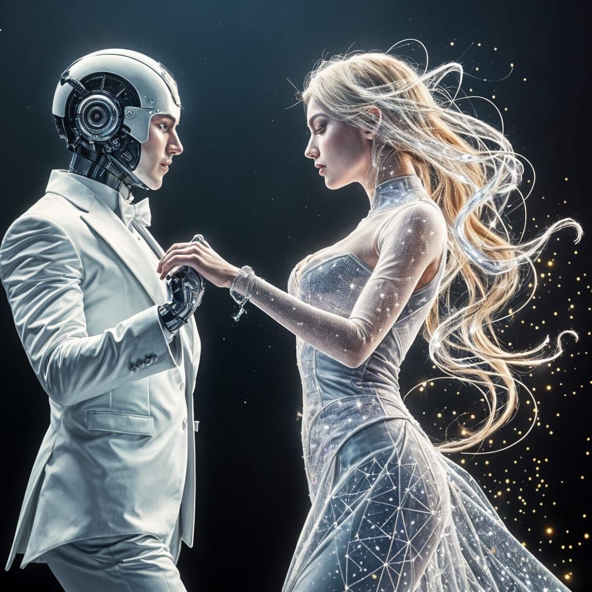 Stylish Robot in Formal Tuxedo Dances with Holographic Star...