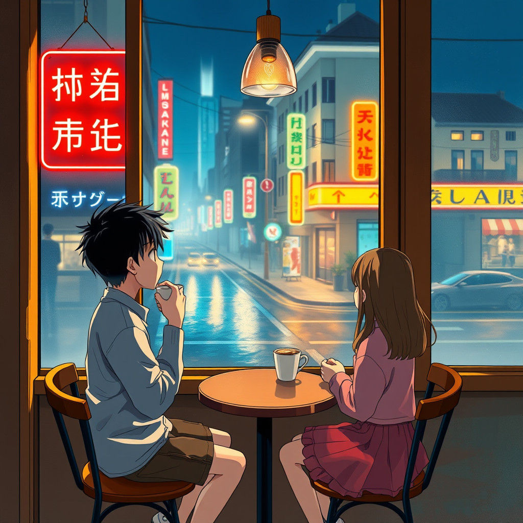 Cozy Night Cafe Scene in Anime Style