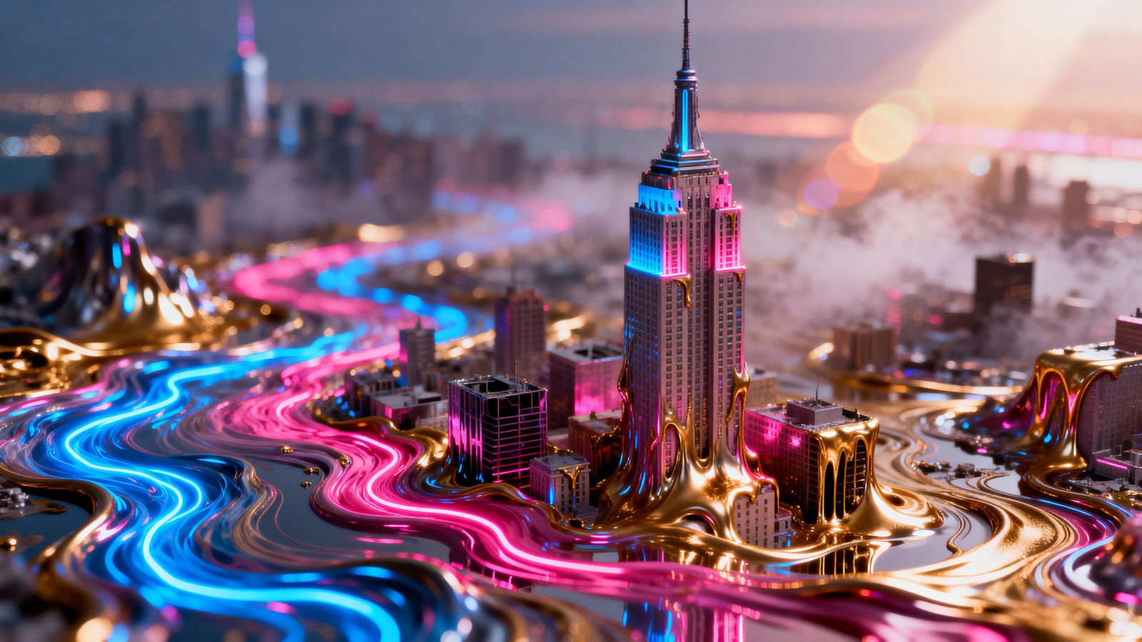 Melting Neon Cityscape in Liquid Metal Paint