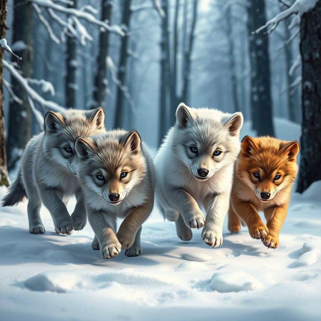 Wolf Cubs Play in Enchanted Snow Forest in 3D Anime Style
