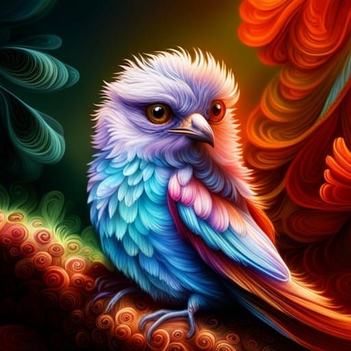 Cute Blue Bird with Fractal Flowers in Pixel Art