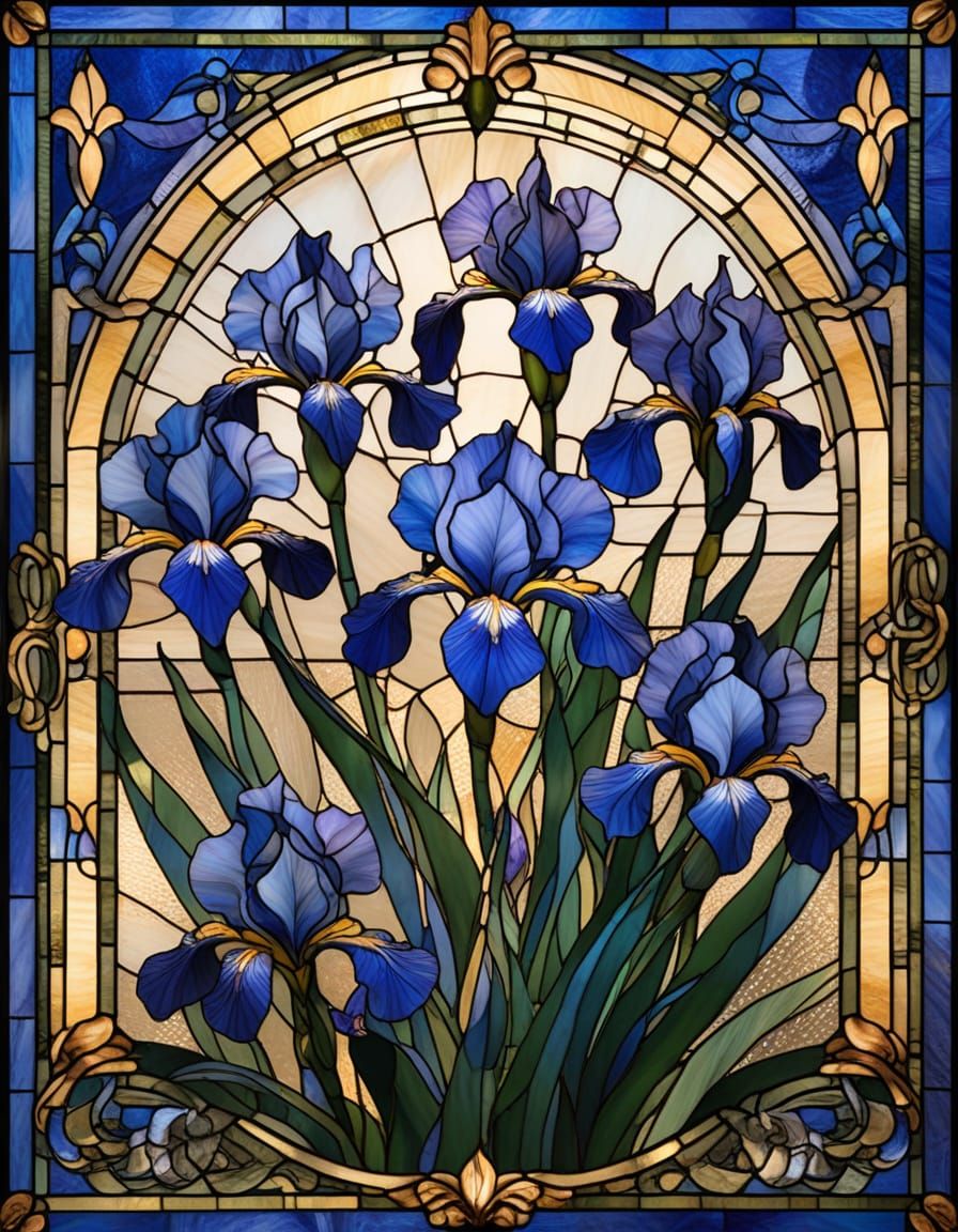 Blue Iris Stained Glass Artwork with Victorian Flair
