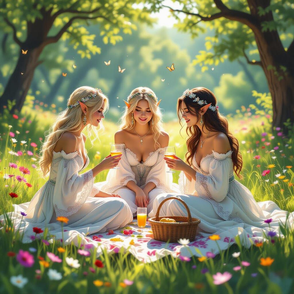 Elven Picnic in Meadow, Digital Art Style