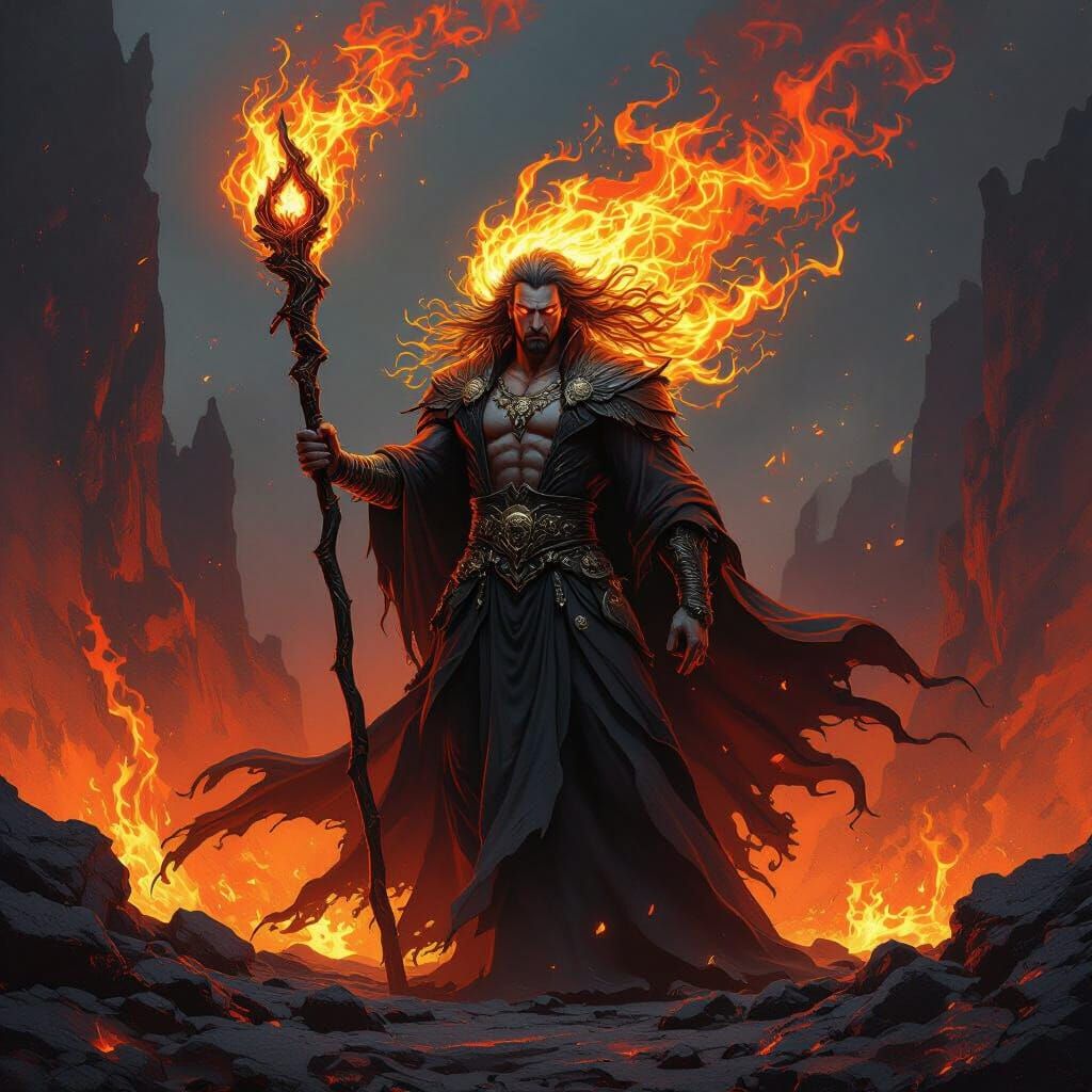 Mage of Hades Fire With Flaming Eyes and Staff