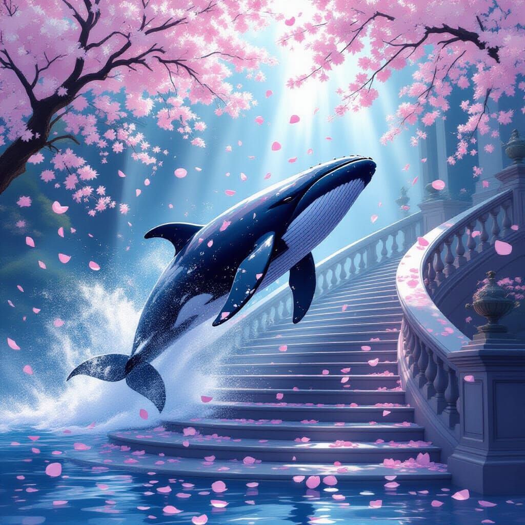 Whale Breaching Cherry Blossom River on Grand Staircase