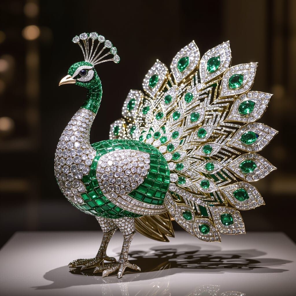 Diamond and Emerald Peacock Sculpture in Art Deco Style