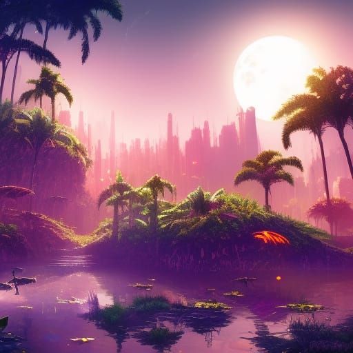 Lush Cyberpunk Jungle with Sapphire Lagoon