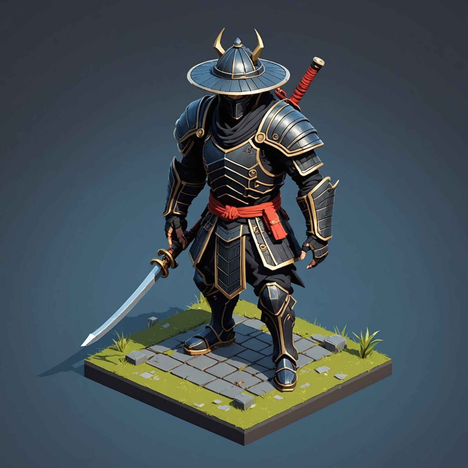 Isometric Ronin in Japanese Woodblock Style