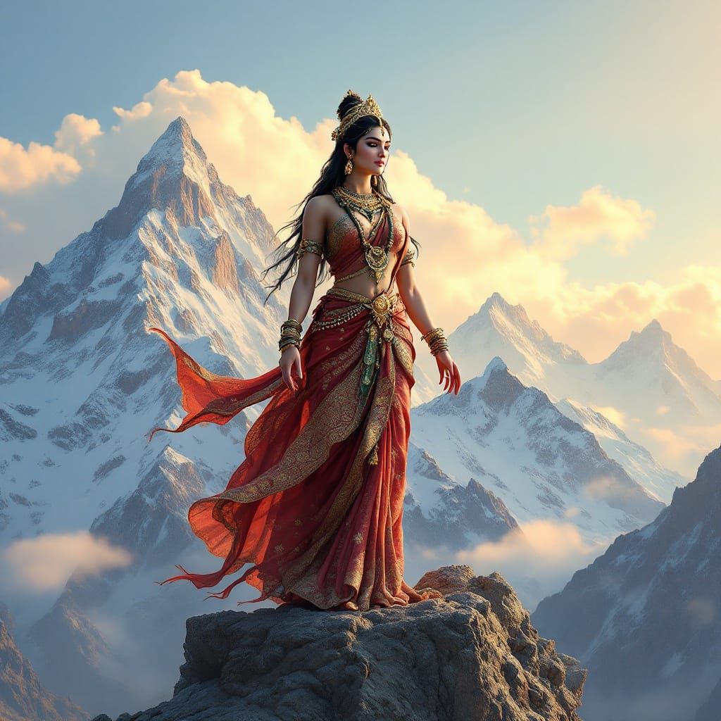 Serene Goddess Surrounded by Majestic Himalayan Peaks