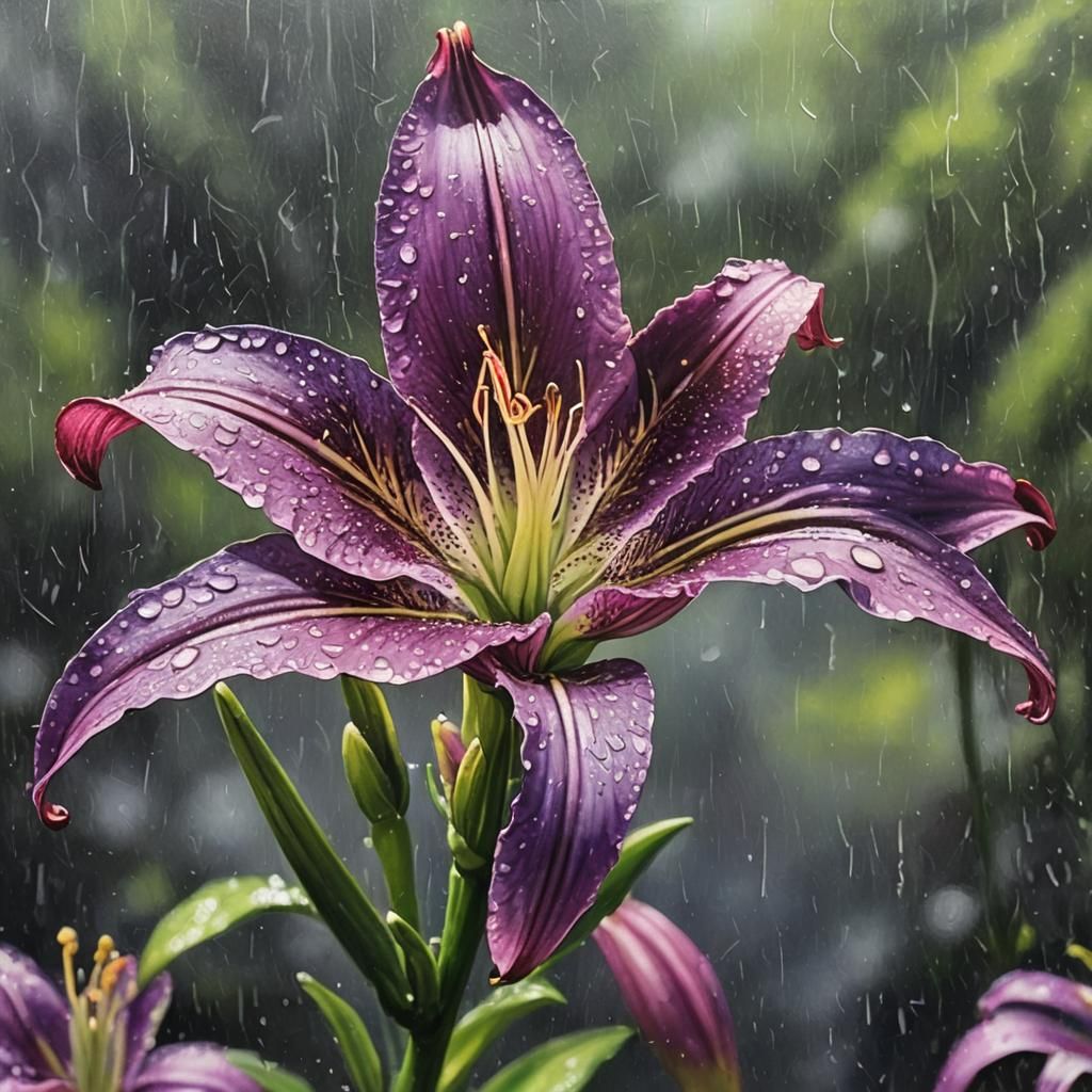 Stargazer Lily in Rain, Oil Painting