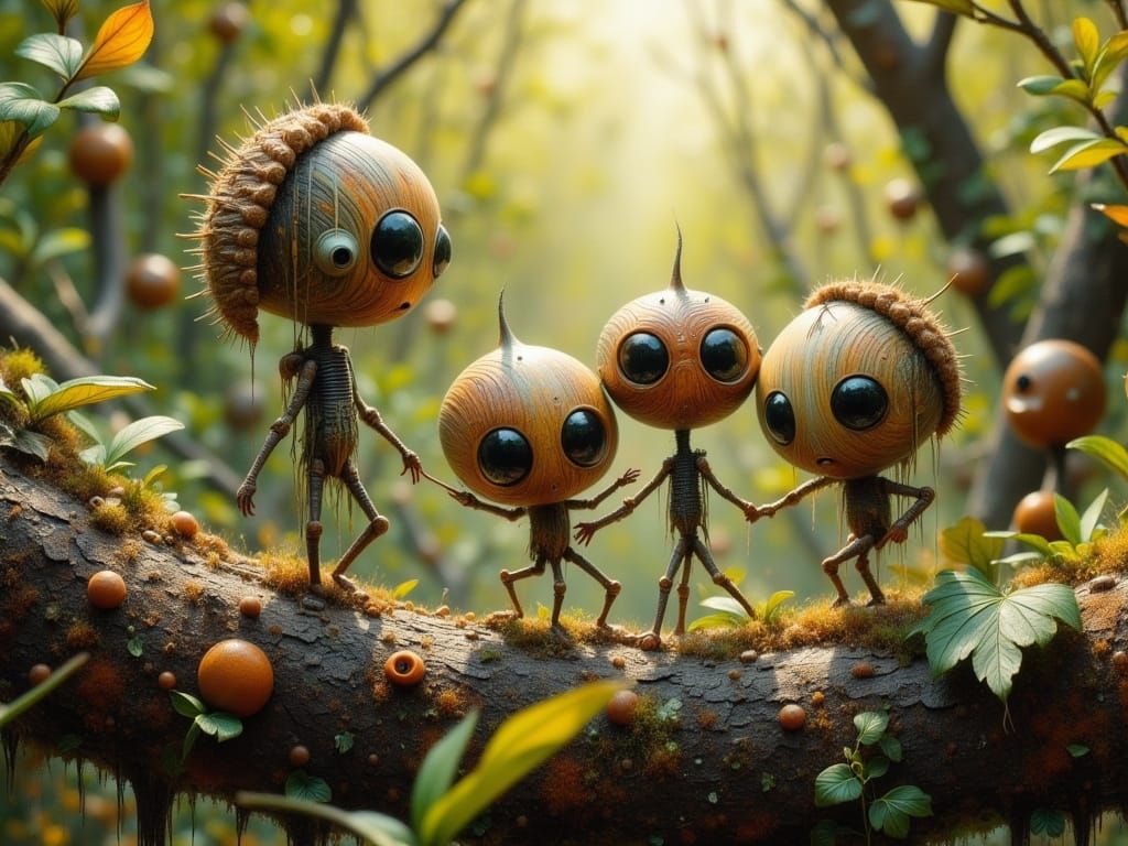 Whimsical Alien Acorn People in an Abstract Reality