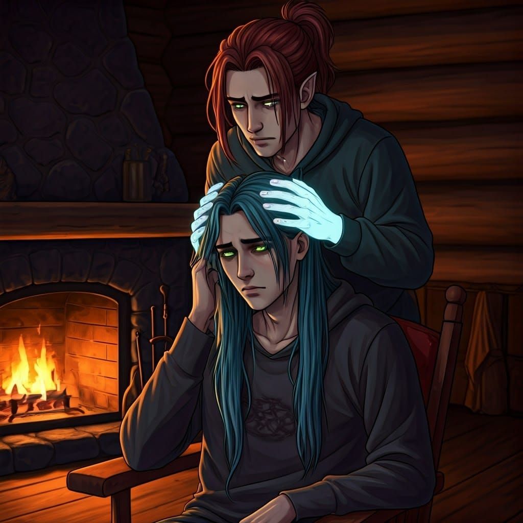 Weary Young Man Receives Support from a Friend in a Cozy Log...