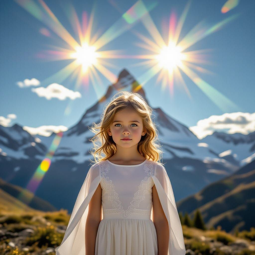 Dual Suns Illuminate Prismatic Mountain with Colorful Beams