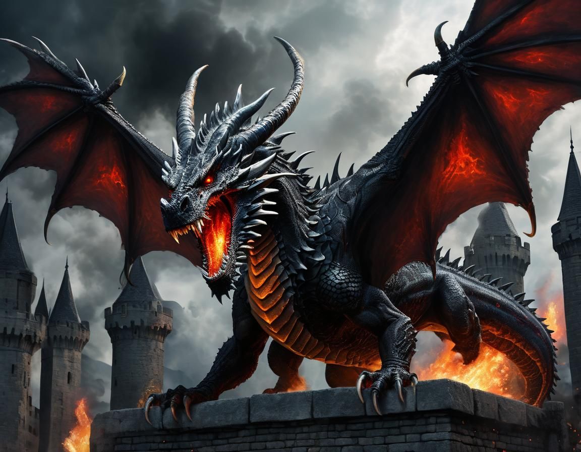 Fierce Black Dragon Breathing Fire, Oil Painting Style