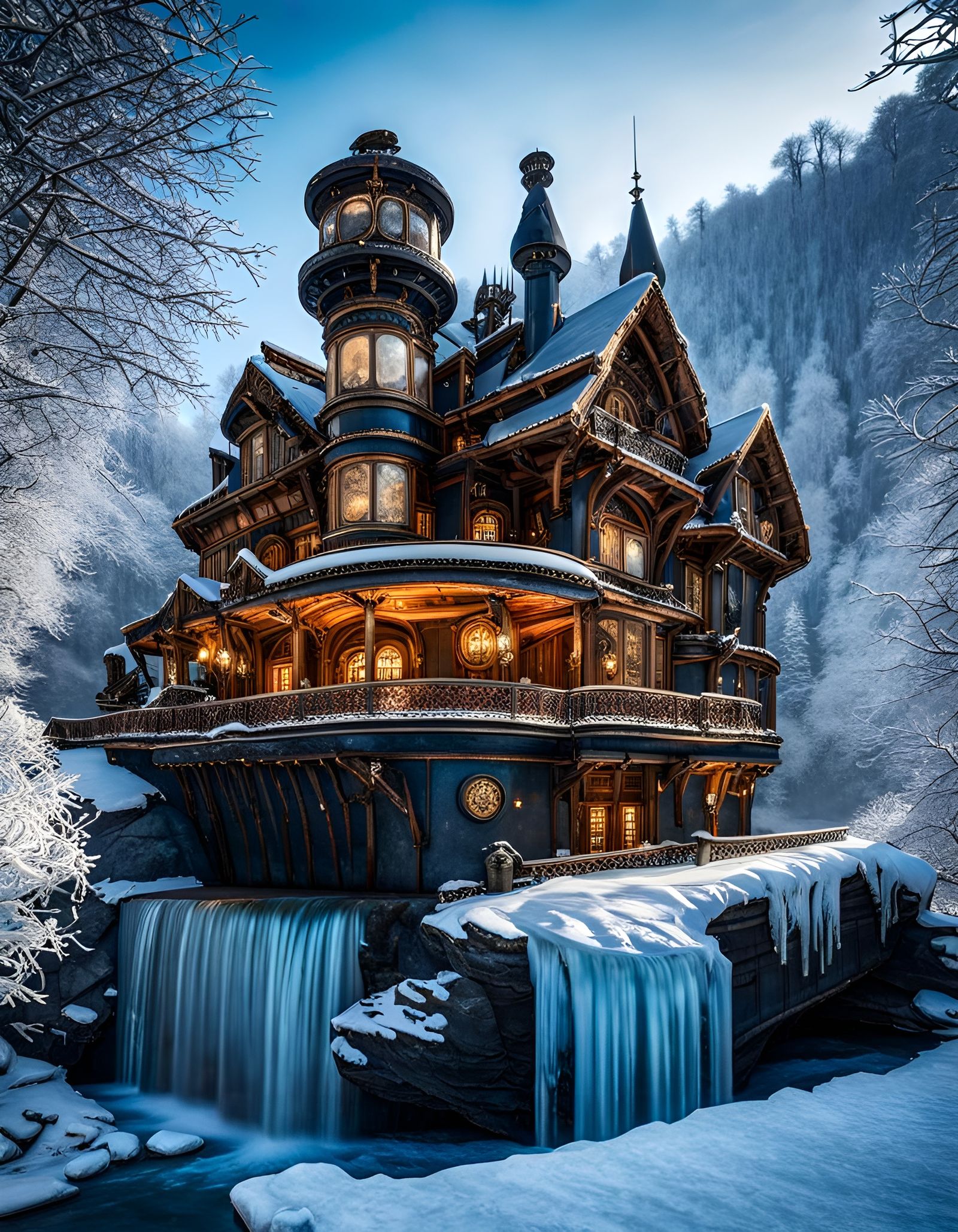 Steampunk Mansion on Frozen Waterfall