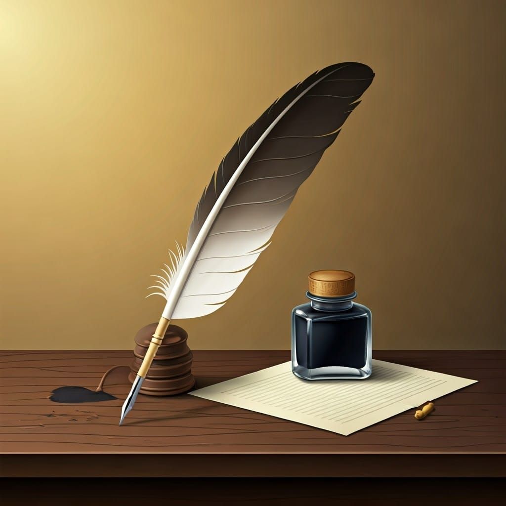 Medieval Quill and Inkwell in Ukiyo-e Style