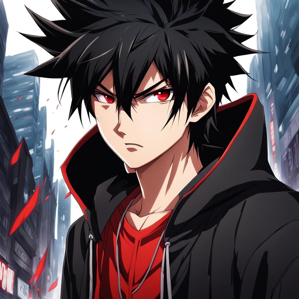 Angry Anime Youth with Red Eyes and Hoody