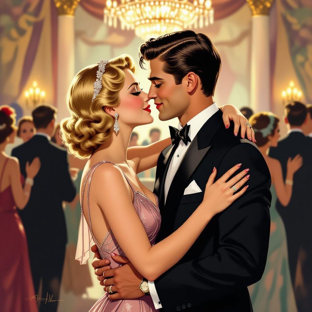 Nancy Drew and Ned Nickerson Kiss in Vintage Illustration