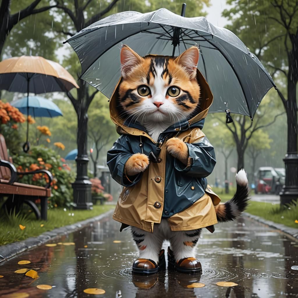 Calico Kitten in Raincoat with Umbrella, Matte Painting