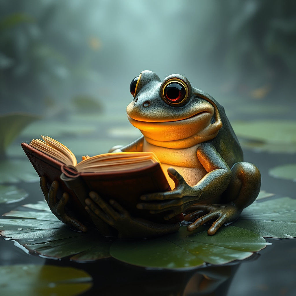 Happy Frog Reads Book in Misty Pond: 8K Render