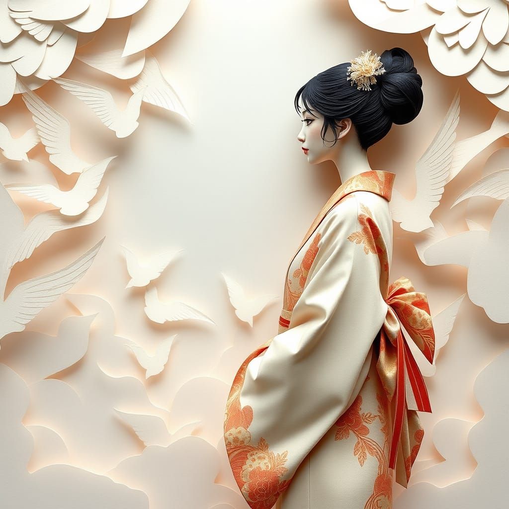 A Japanese Woman Emerges from Paper Silhouettes in Whimsical...