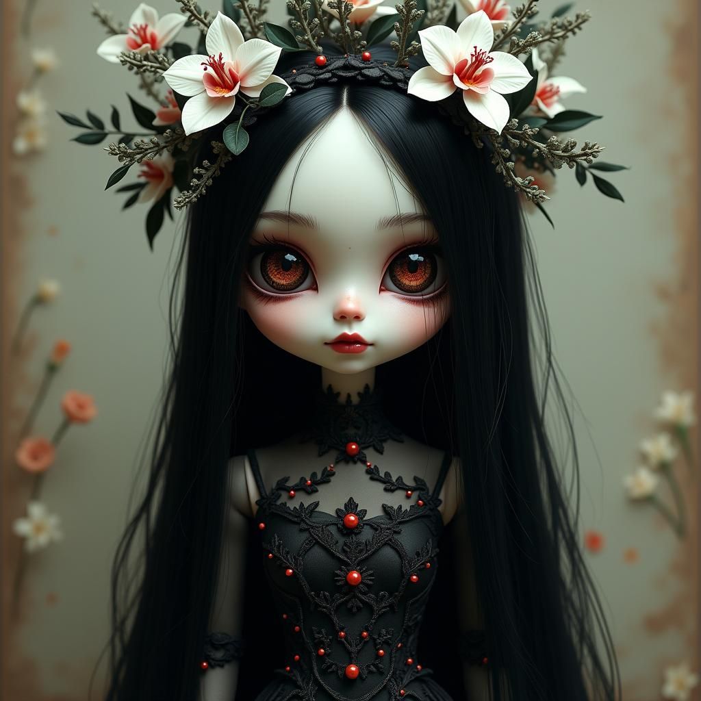 Ethereal Woman with Orchid Crown in Dark Fairytale Style