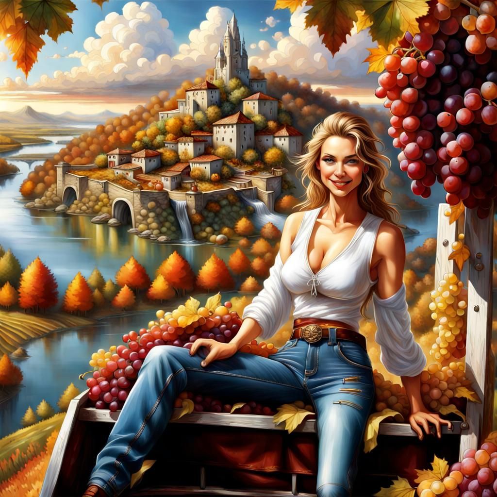 Autumn Vineyard Harvest with Futuristic City