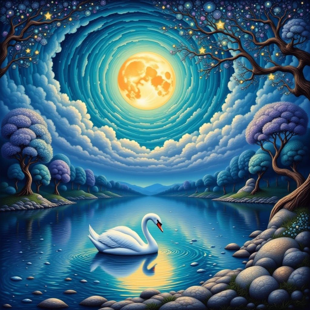 Moonlit Swan on Aqua Lake: Whimsical Oil Painting