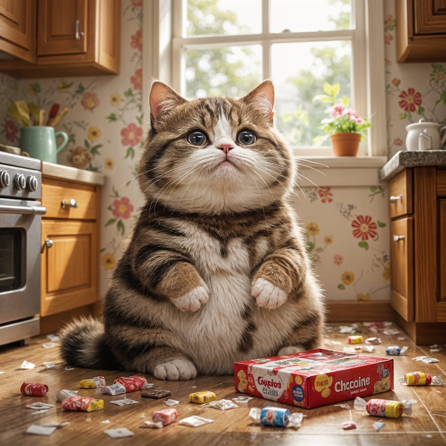 Chubby Cat Covered in Chocolate, Oil Painting