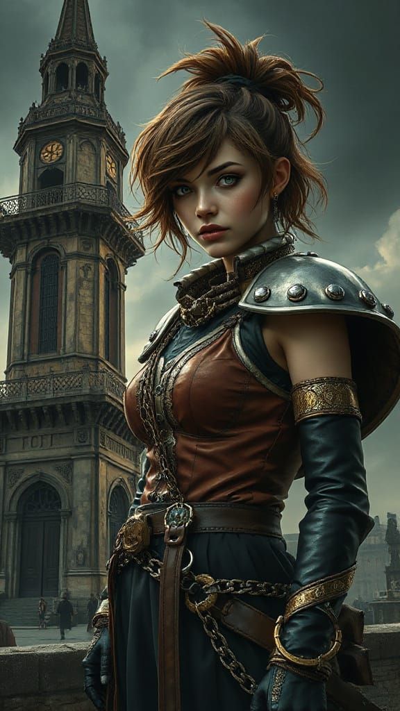 Steampunk Warrior Woman Poses by Tower in Illustration