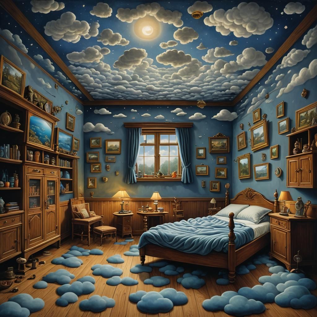 Surreal Cozy Cottage Bedroom at Midnight, Oil Painting