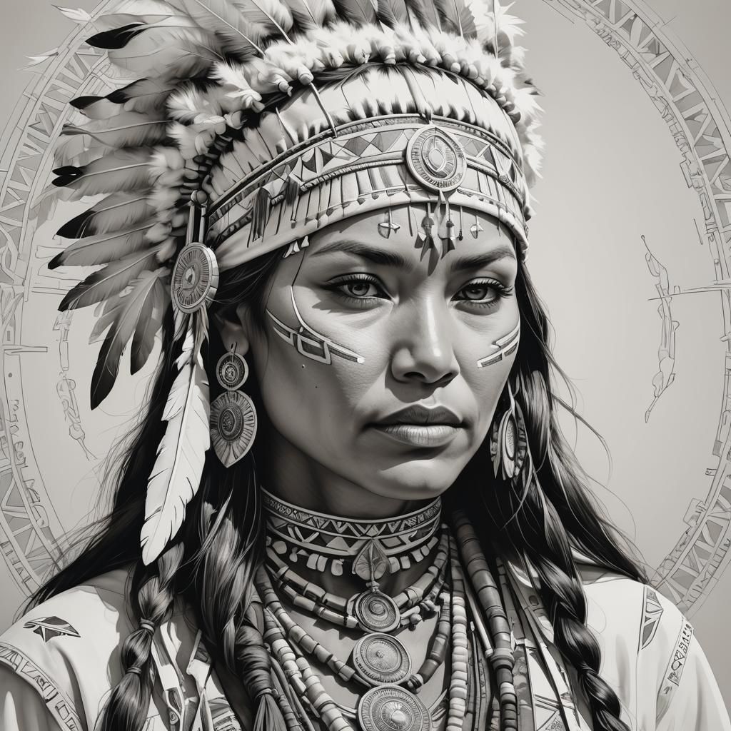Monochromatic Portrait of Native American Woman in Lineart