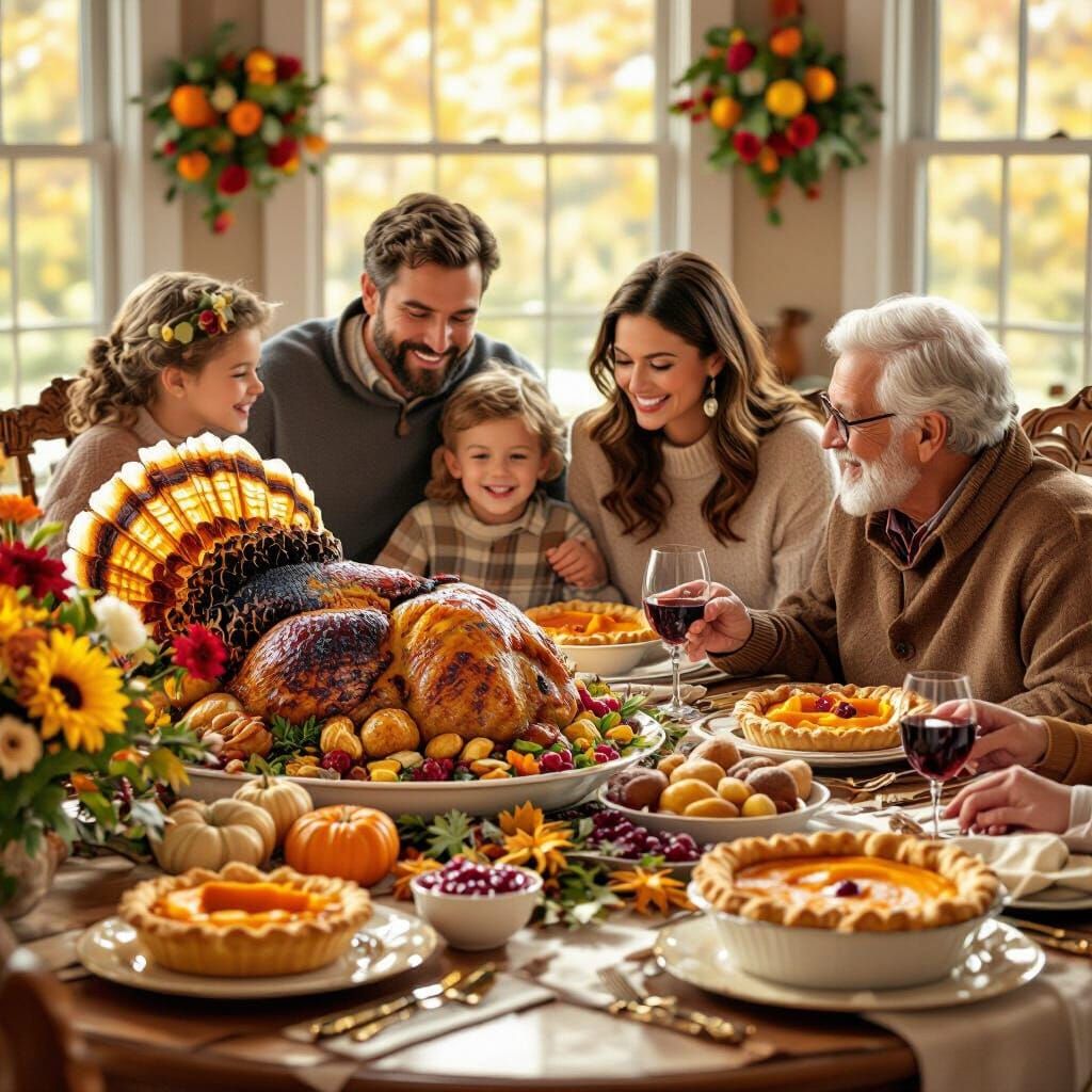 Warm Thanksgiving Feast with Family and Autumn Decor