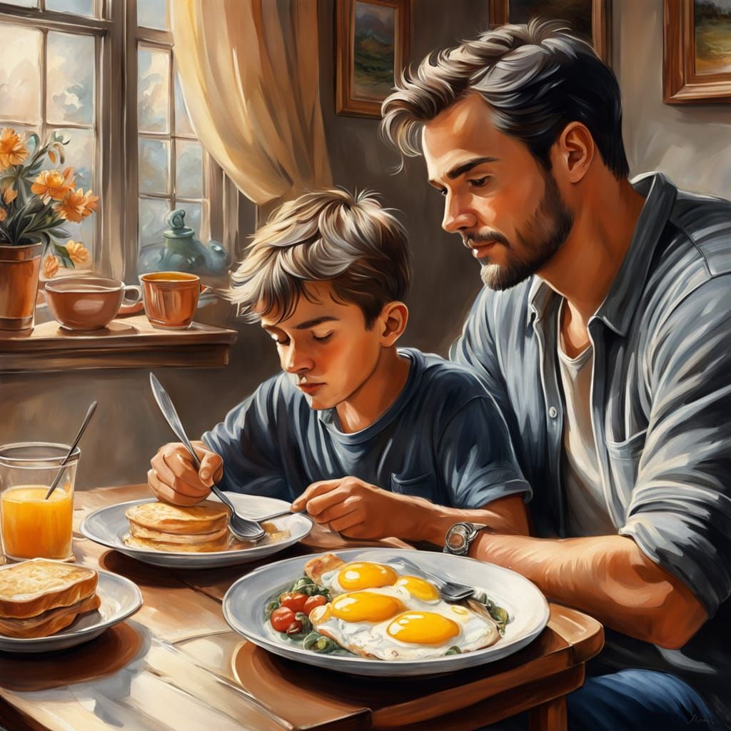 Father and Son Breakfast: Ethereal Charcoal Art