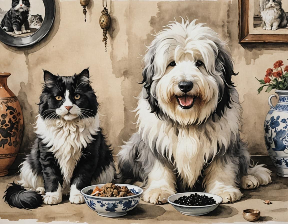 Smiling Dog and Cat at Dinner, Ink Painting