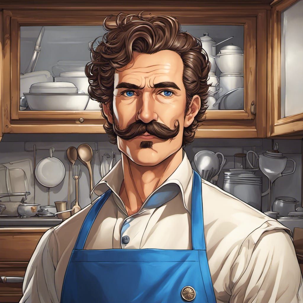 Anime Portrait of Middle Age Man in Kitchen