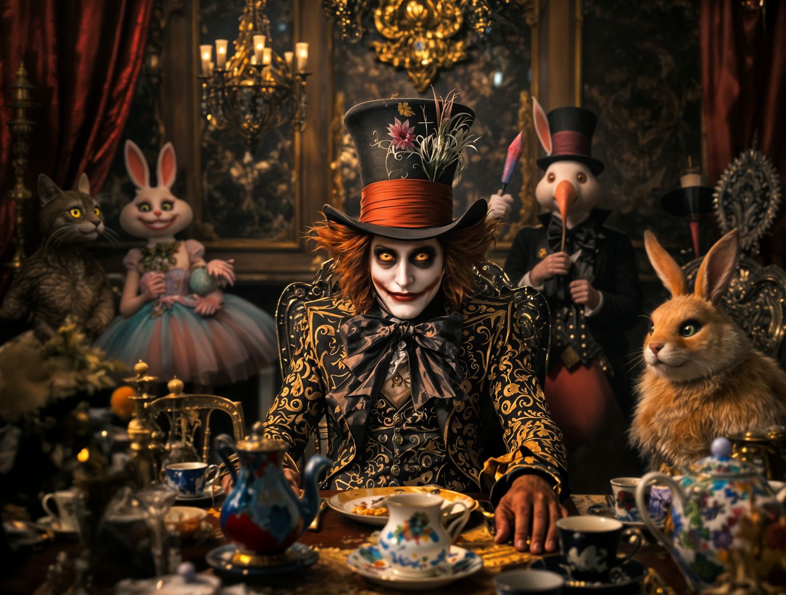 Mad Hatter's Eerie Tea Party: A Surreal Oil Painting