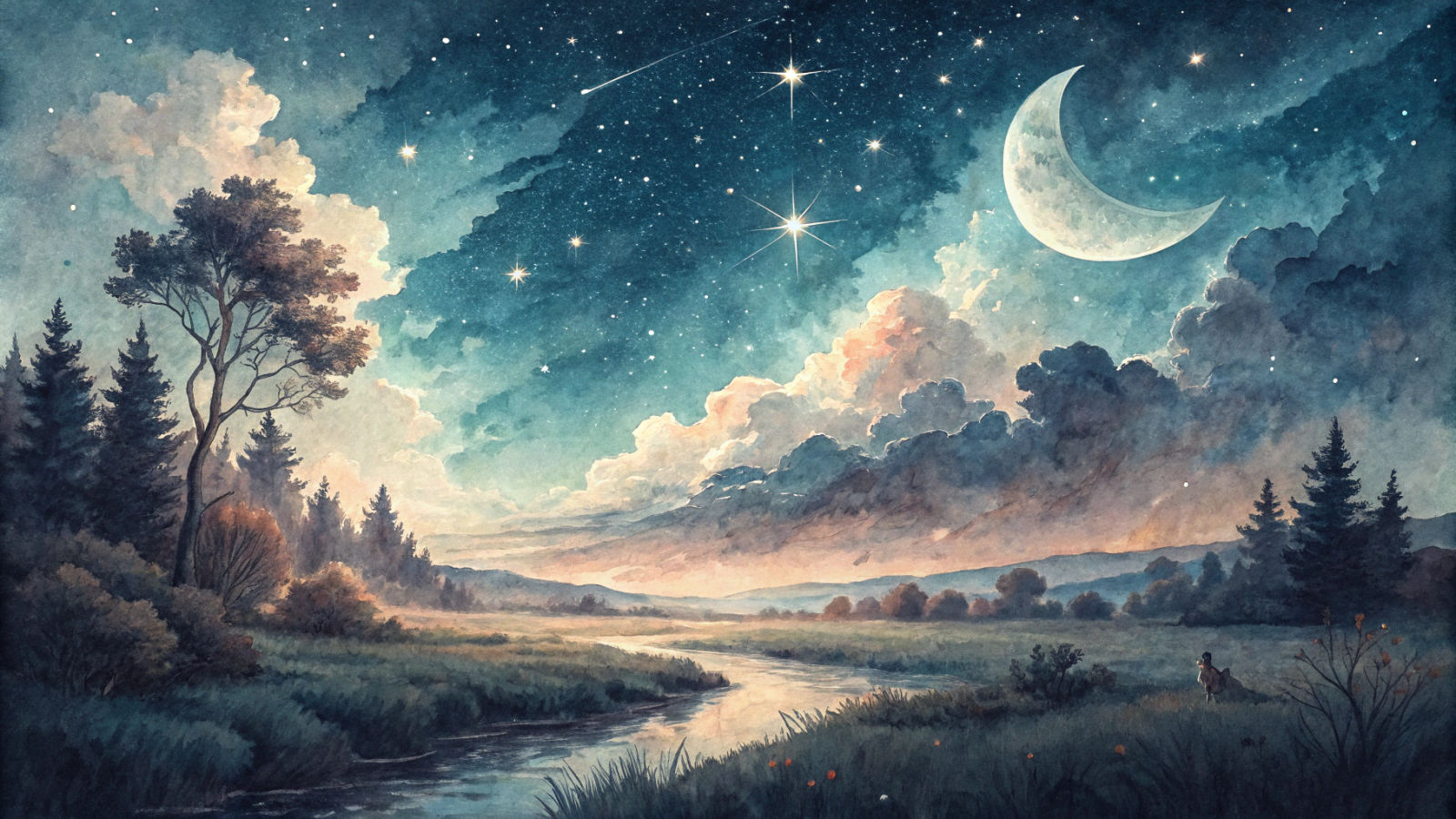Celestial Midnight Sky in Ethereal Watercolor Style