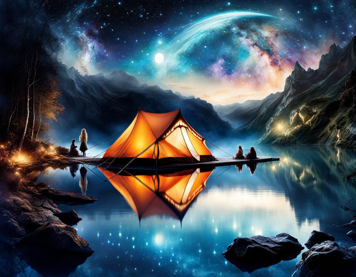 Dreamy Campsite Under Starry Sky: Digital Watercolor