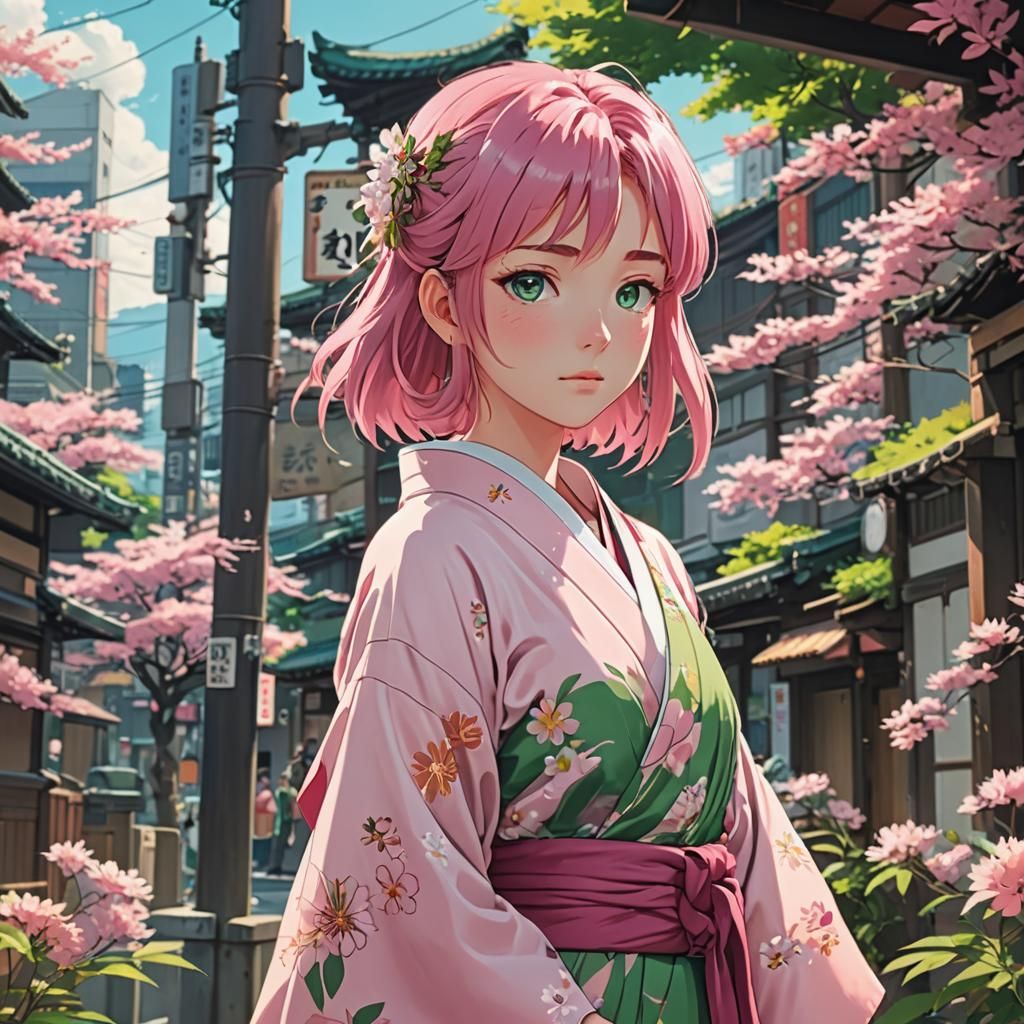 Anime Girl in Kimono, Ghibli Style, Tokyo
